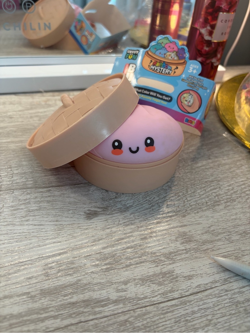Smiling Pink Squishy Toy in Tan Case - Kids Plush Sensory Toy
